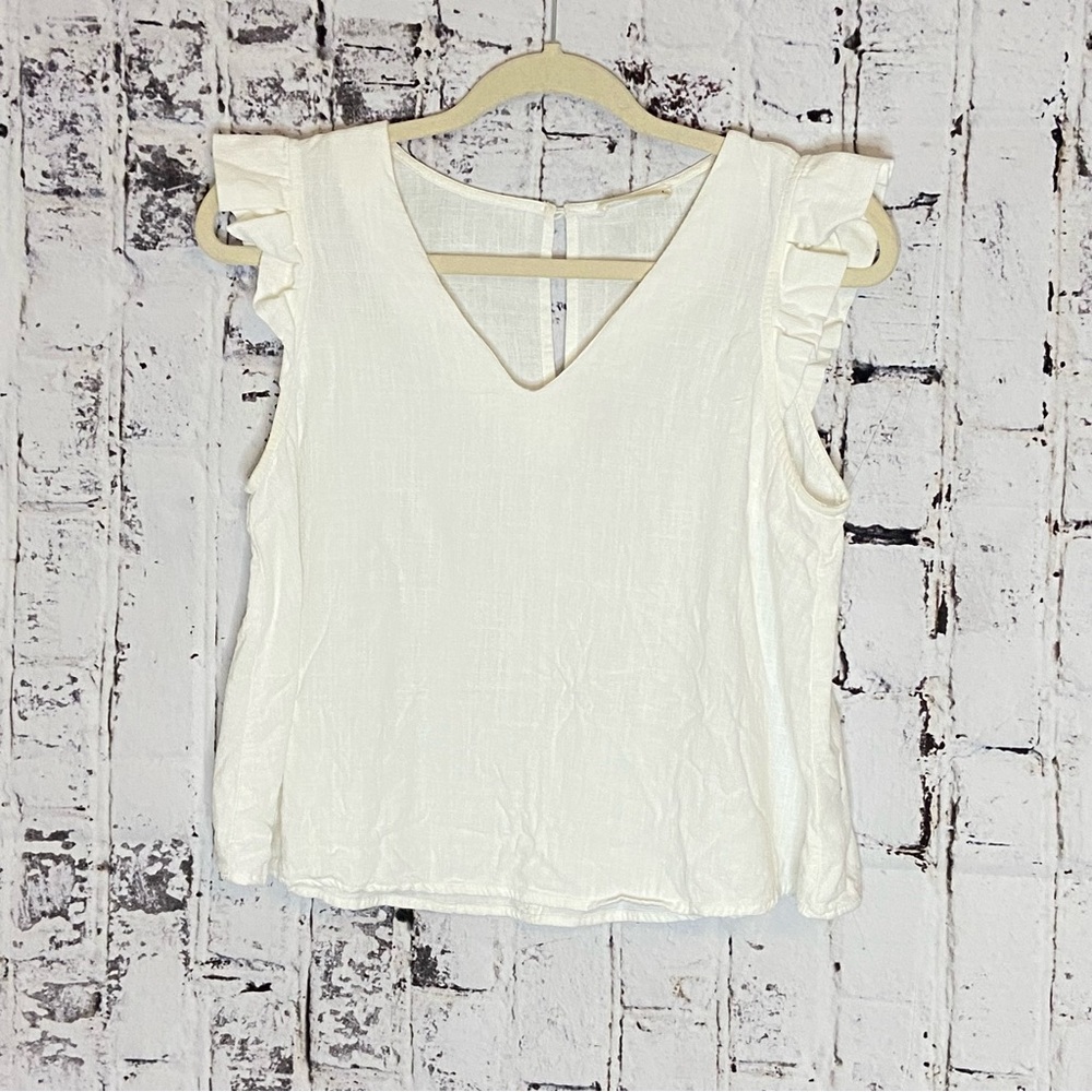 New In Linen Blend Flounce Shoulder Tank Top Size L